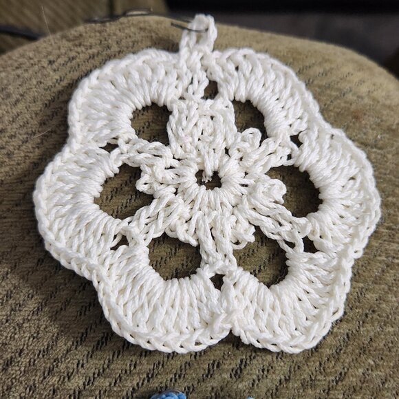 Vintage Handmade Crocheted Christmas Ornaments Set of 2 White & Blue - Picture 3 of 5